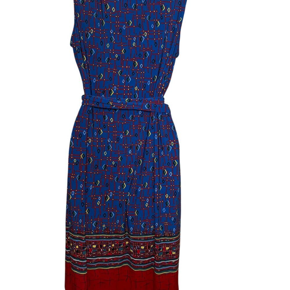Anne Klein Blue Geo Print Wrap Dress Size 10 Tie Waist V-Neck - Picture 4 of 6